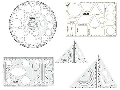 KHYATI Pro Circle (25 Circles), Hyperbola Parabola Template, Geometry Template (16 Shapes), Set Square Big & Small Drafting Scale Ruler Useful to Architect, Engineering or Other Students (Set of 5)