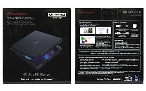 Pioneer BDR-XD07UHD Portable 6X Ultra HD 4K Blu-ray Burner External Drive Bundle with Cyberlink Software Download Installation Code, 100GB M-DISC BDXL and USB Cable - Burns CD DVD BD DL BDXL Discs 6