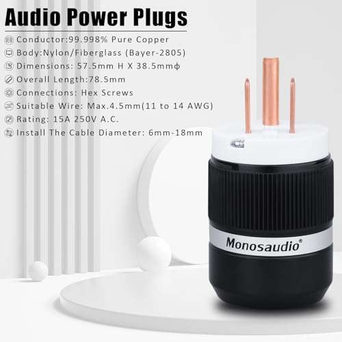 Monosaudio HiFi Power Plug Pure Copper 15A/125V 10A/250V IEC C13/C15 Power Connector Hi-end Audio Power Plug Audiophile Power Plug for DIY Audiophile Power Cord HiFi Audio AC Power Cable（M130/F130） 3