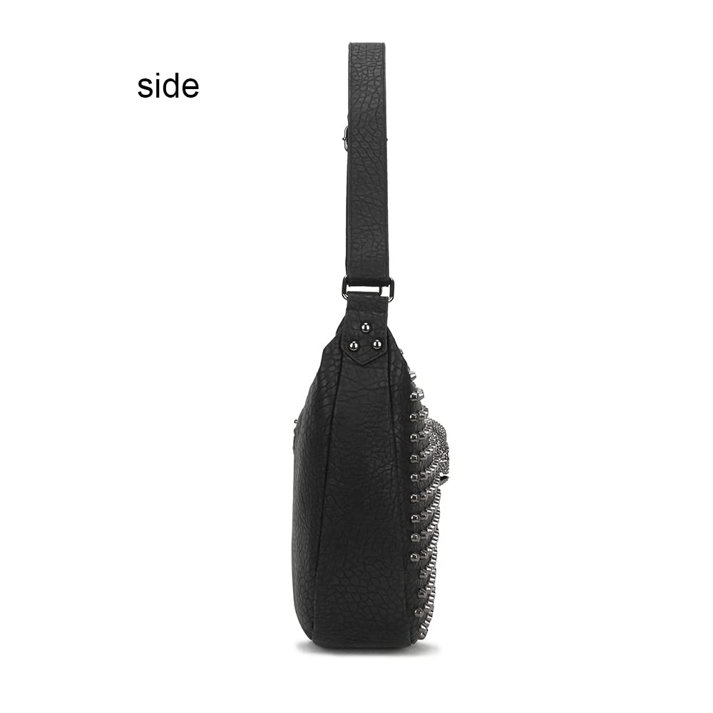 Vintage Handbags for Women Leather Hobo Bags Skull Rivet Purse Shoulder Bag Satchel Messenger Bag Crossbody Bag-Black 5