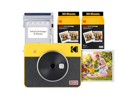 KODAK Mini Shot 3 Retro 4PASS 2-in-1 Instant Digital Camera and Photo Printer (3x3 inches) Initial 8 Sheets + 60 Sheets Cartridge Bundle, Yellow (NOT Zink)