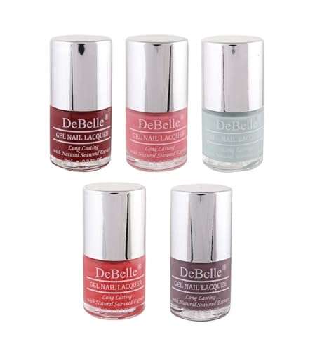 DeBelle Gel Nail Polish Combo Pack of 5, Maroon(Moulin Rouge), Baby Pink(BeBe Kiss), Mint Blue(Mint Amour), Coral Orange(Princess Belle) and Mauve(Majestique Mauve), 40 ml(8 ml Each) 1