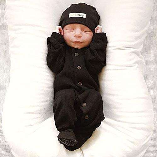 Marksmile Newborn Unisex Baby Bodysuit Long Sleeve Button Down Solid Color Romper Footies Cotton Jumpsuit (Black & Romper, 6-12 Months) 2