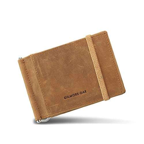 GO Gilmore Oak Maddox Bifold Spring Tension Money Clip Wallet | Elastic Closure Full Grain Oil Pullup Leather with Credit Card Slots (Sand Tan)