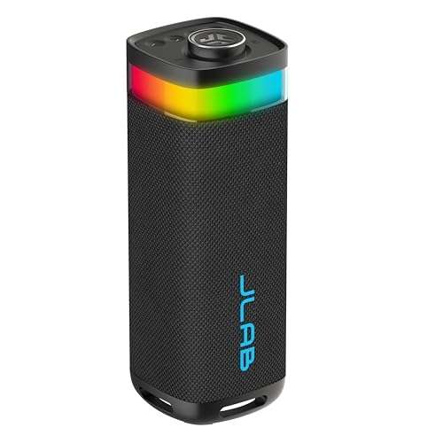 JLab JBuds Party Portable Bluetooth Speaker, 2 Full-Range Drivers + 2 Passive Woofers, IP56 Waterproof, 12 Hours Playtime, Connect Multiple Speakers, Custom Sound + RGB Lighting via App, Black 1