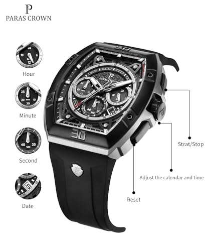 Paras Crown Watches for Men Tonneau 5ATM Waterproof Quartz Luxury Chronograph Analog Men's Wrist Watches Stainless Steel Case Mens Watches 3