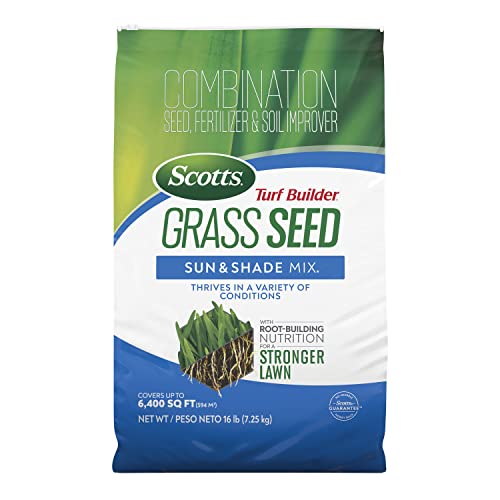 Scotts Turf Builder Grass Seed Sun and Shade Mix with Fertilizer and Soil Improver, Thrives in Many Conditions, 16 lbs.