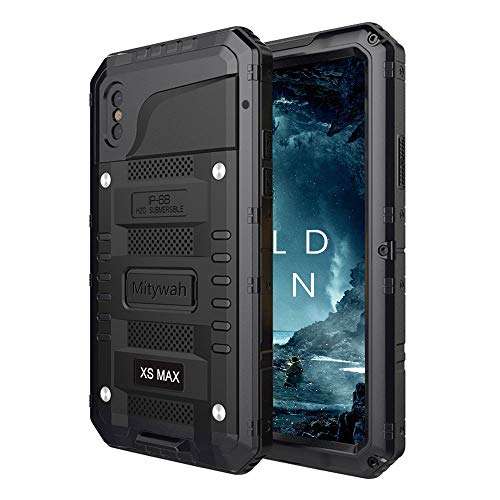 Mitywah Waterproof Case for iPhone Xs MAX, Heavy Duty Military Grade Shockproof Case Built-in Screen Protector, 360° Full Body Protective Armor Metal Phone Case for iPhone Xs MAX, Black 1