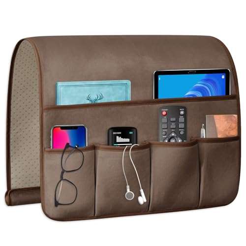 WETRBWEH TV Remote Control Holder Couch Caddy, Non-slip Bedside Caddy Organizer with 5 Pockets for Key Glasses Phone Magazine Holders (Brown, 35''x18'') 1