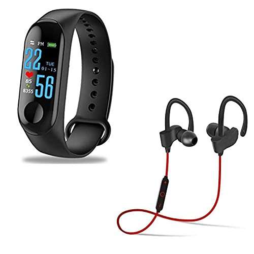 Exxelo Combo Pack of 2 Items - QC10 Sports Bluetooth Headset, Smart Fitness Activity Fitness Tracker Band (1 Year Warranty) 1