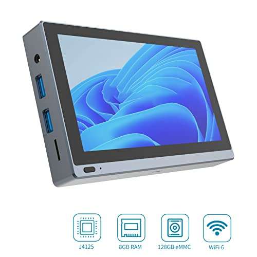 Mini PC Windows 11, Intel Celeron N4000 Mini Computer with 5.5in IPS Touchscreen, 4GB DDR4 RAM 64GB EMMC, 2.4G/5.0G WiFi, BT5.0, 4K HDMI Double Display, Gigabit Ethernet 2