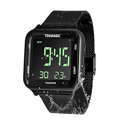 TEKMAGIC 10 ATM Waterproof Digital Watch with Stainless Steel Wristband Support Swimming Diving Wear 100m Underwater, Alarm Clock, Chronograph, Timer, Countdown, Dual Time Zone, 12 or 24 Hour Format, 1