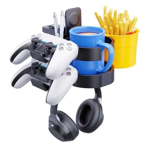 7-in-1 Desk Cup Holder - EURPMASK Organizer with Headphone, Controller Holder, Snack Bucket, and Phone Holder, Clamp-On Desk Accessory with Sturdy Large Storage, Easy to Install, Black 1