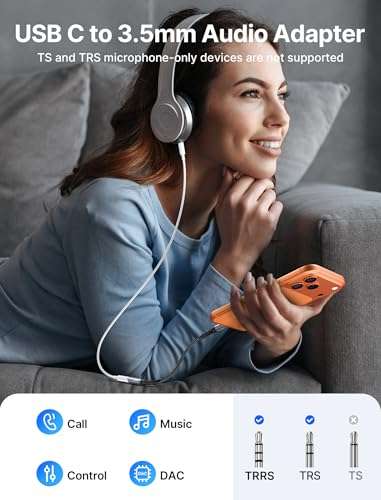 JSAUX USB Type C to 3.5mm Female Headphone Jack Adapter, USB C to Aux Audio Dongle Cable Cord Compatible with iPhone 17 Pro Max/16 Pro/15, Samsung Galaxy S24/S23/S22 Ultra, iPad Pro, Pixel 9/8 Grey 3