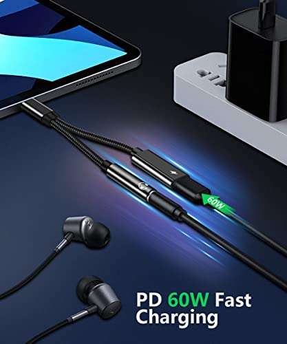 2 in 1 USB C to 3.5mm Headphone Audio and Charge Adapter, Type c to Aux Audio with PD 60W Fast Charge Adapter fit with iPhone 16 15 Pro Max, Galaxy S24 S23 S22, Pixel 9 8 7 6, iPad Pro/Macbook Air 3