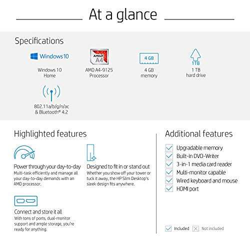 HP 5QA74AA#ABA Desktop Computer - Slimline 290 a0000 a0030 A Series A4 9125 4 GB RAM 1 TB HDD Mini Tower Dark Black Windows 10 Home AMD DVD Writer Wireless LAN Bluetooth (Renewed) 6