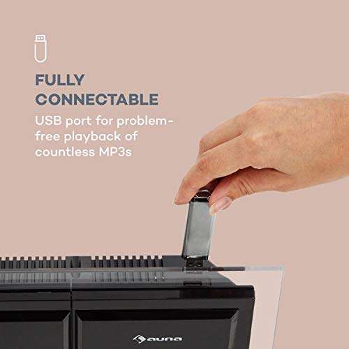 AUNA Stereosonic Microsystem, Shelf Stereo System, Micro System, 2 Stereo Speakers, Front-Loading CD Player, FM Tuner, Bluetooth, Wireless Connection, USB Port, Incl. Remote Control, Black 5
