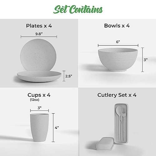 GREENDISH Wheat Straw Dinnerware Set 24-Piece - Cups, Plates and Bowls Sets for 4 with Reusable Cutlery Utensils - Unbreakable Wheatstraw Plastic Dinnerware Set with Fork Spoon Knife - Dishwasher Safe 2