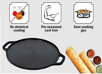 Pre Seasoned Dosa Tawa cast iron skillet iron tawa cast iron cookware cast iron dosa tawa dosa skillet cast iron chapati skillet with two handles 12" pancake pan omelette pan 4