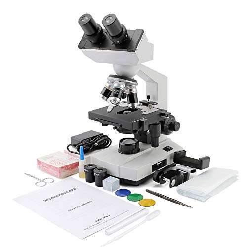 Cafthings LED Binocular Compound Lab Professional Electron Biological Microscope with 10X 20X Eyepieces, Double Layer Mechanical Stage & Ultra-Precise，Focusing,Including Slides, Phone Adapters 1