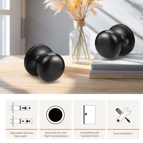 GOBEKOR 5 Pack Passage Door Knobs for Closet Door Knobs Interior Matte Black Keyless Door Knob with Lock Round Passage Knob 5