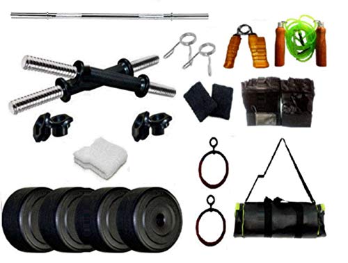 Spanco Home Gym 46 Kg P.V.C Weight Plates (3 Kg X 4 = 12 Kg + 5 Kg X 6 = 30 Kg + 2 Kg X 2 = 4 Kg), Straight Rod, Dumbell Rods & 7 Accessories for Fitness, Fat Burning & Body Shaping