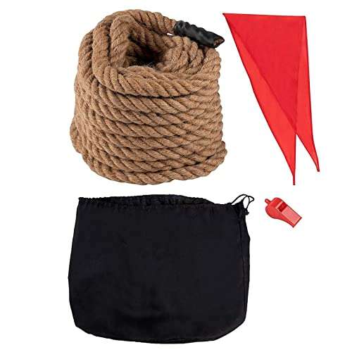 BLUE PANDA Field Day Tug of War Rope - 50 ft Brown Jute - Team Building Activity & Summer Camp Outdoor Rope with Flag & Whistle for Relay Race, Sack Race & Obstacle Course for Adults 1