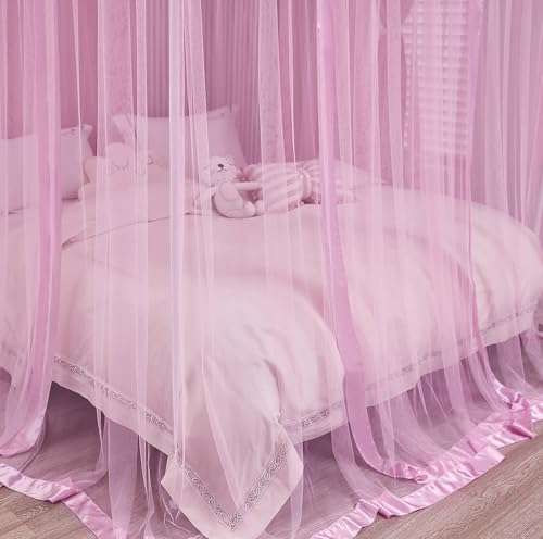 Mengersi Bed Canopy for Girls,Canopy Bed Curtains Canopy for Bed Drapes,Princess Bed Curtains Birthday Present Girls Room Decor,Pink 4