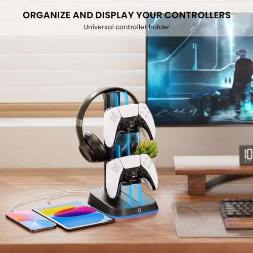 SALYMECONY Headphone Stand, Controller Holder & Headset Holder for Desk, Gaming Controller Holder with 6 RGB Lights - Display Stand, for Controllers of Xbox, PlayStation, Nintendo Switch, and More 3