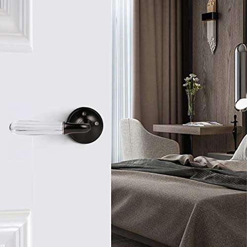 Glass Door Lever with Black Finish,Pack of 5,Privacy Function for Bed and Bath, Interior Crystal Door Knob with Lock,Modern Door Handle Euro Style 3