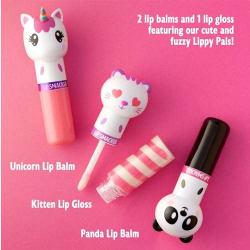 Lip Smacker Lippy Pals, Set of 3 Flavored Moisturizing & Smoothing Soft Shine Lip Balm, Hydrating & Protecting Fun Tasty Flavors ,Cruelty-Free & Vegan - Unicorn, Panda and kitten 3