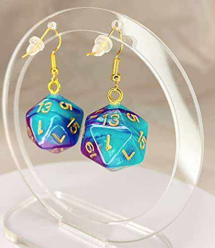 d20 20-Sided Polyhedral Dice Earrings - Hook with Earnuts (Light Blue-Purple Swirl) 6