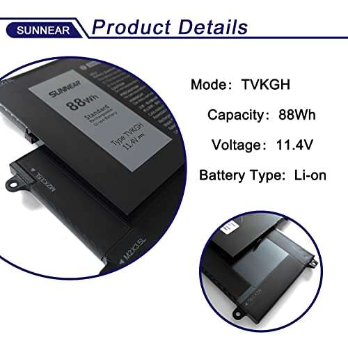 SUNNEAR TVKGH Laptop Battery Replacement for DELL Latitude 9510 2-in-1 Series Notebook N7HT0 089GNG 0HYMNG 11.4V 88Wh 7334mAh 6-Cell 2