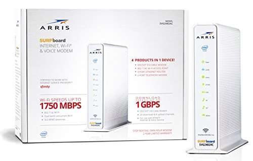 ARRIS SURFboard SVG2482AC DOCSIS 3.0 Cable Modem & AC2350 Wi-Fi Router | Comcast Xfinity Internet & Voice | Four 1 Gbps Ports | 2 Telephony Ports for Digital Voice | Up to 800 Mbps | 2 Year Warranty