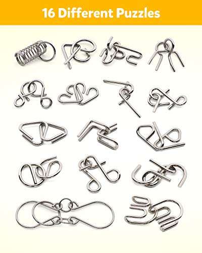 Coogam Metal Wire Puzzle Set of 16 with Pouch,Brain Teaser IQ Test Disentanglemen Iron Link Unlock Interlock Game Chinese Ring Magic Trick Toy for Party Favor Kids Adults Challenge 2