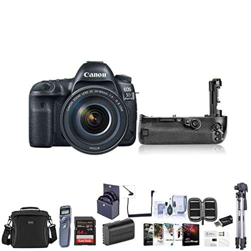 Canon EOS-5D Mark IV Digital SLR Camera Body Kit with EF 24-105mm f/4L is II USM Kit Bundle with 64GB U3 SDXC Card, Holster Case, Tripod, Spare Battery, Battery Grip, Software Package and More