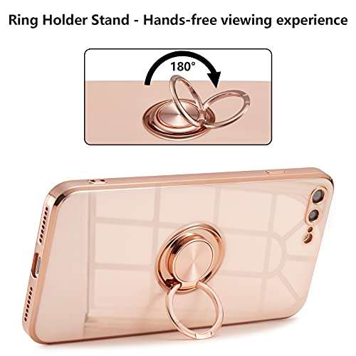 EYZUTAK Electroplated Magnetic Ring Holder Case, 360 Degree with Rotation Metal Finger Ring Holder Magnet Car Holder Soft Silicone Shockproof Cover for iPhone 7 Plus iPhone 8 Plus - Light Pink 5