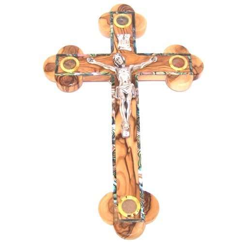 Holy Land Market 14 Stations Crucifix - Olive with Mother of Pearls and Holy Land Samples (35 cm - 13 inches) 1