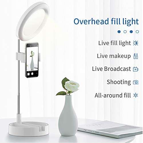 NeotrixQI Selfie Ring Light with Phone Holder, Foldable LED Desk Lamp Dimmable Phone Make Up Ringlight Stand Extendable Makeup Mirror TIK Tok YouTube Video Vlog Recording Photography Tiktok Live Stream (White) (G3) 4