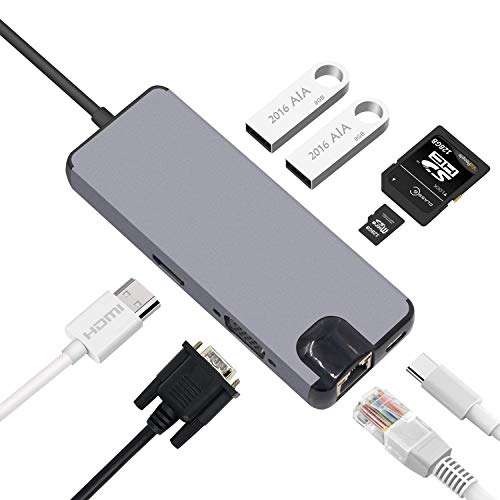 Ganix USB C Type HUB 8 in 1 Adapter, Multi Port Dongle Type-C to USB 3.0 Ports, 4K HDMI, PD Fast Charging, 100Mbps Ethernet SD/TF Card Slot for for MacBook, Chromebook, DELL and Other Type C Devices