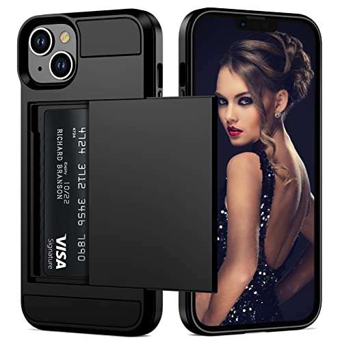 Vofolen Case for iPhone 13 Case Wallet Credit Card Holder ID Slot Sliding Door Hidden Pocket Men Women Anti-Scratch Dual Layer Hybrid Bumper Armor Protective Hard Shell Back Cover for iPhone 13 Black 1