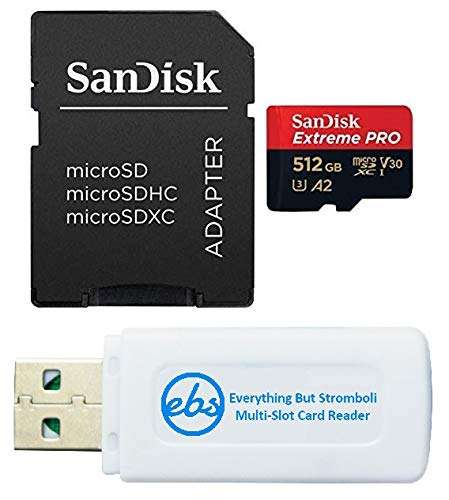 SanDisk Extreme Pro 512GB Micro SDXC Memory Card Works with Sony Cyber-Shot DSC-HX99, DSC-RX0 II Compact Camera (SDSQXCZ-512G-GN6MA) Bundle with (1) Everything But Stromboli MicroSD Card Reader 1