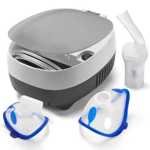 Home Nebulizer Machine for Adults and Kids - Low Noise Compressor Breathing Treatment for Asthma with Storage Compartment, Includes Adult & Child Masks, Mouthpiece, Tubing