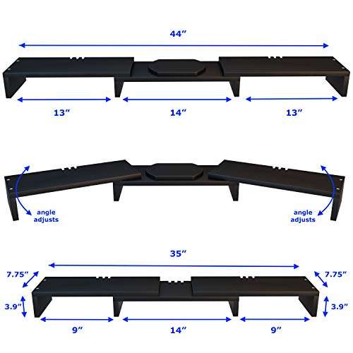 Computer Monitor Stand Riser for 2, Dual, Double, 3, Triple, Multi, Multiple Desktop Monitors with Adjustable Length & Angle, Laptop Corner Stands Lift Organizer, Long Wood Black Shelf Desk Storage 3