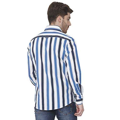 Mufti Men's Striped Casual Shirt (FLS-0110_White-Blue L) 2