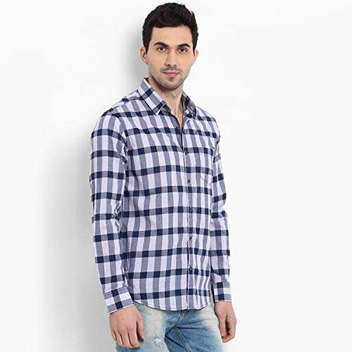 Mufti Men's Checkered Slim fit Casual Shirt (MFS-9546-H-LILAC-NAVY-L_Lilac-Navy L) 5