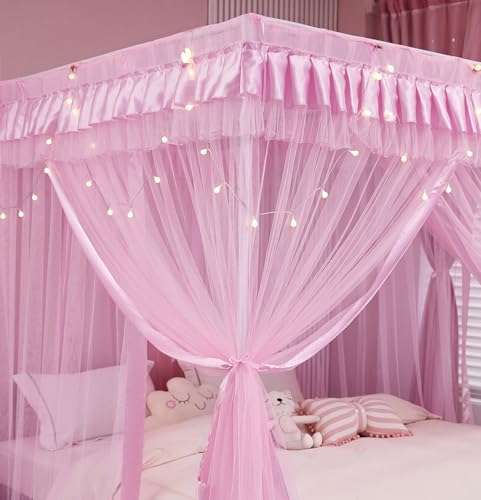 Mengersi Bed Canopy for Girls,Canopy Bed Curtains Canopy for Bed Drapes,Princess Bed Curtains Birthday Present Girls Room Decor,Pink 5