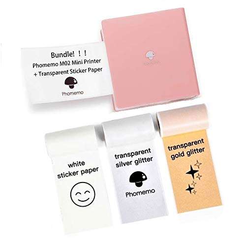 Phomemo M02 Mini Bluetooth Thermal Pocket Printer (Pink) with 3 Rolls Adhesive White/Gold/Silver Glitter Sticker Paper, Compatible with iOS + Android for Plan Journal, Study Notes, DIY, Work, Gift 1