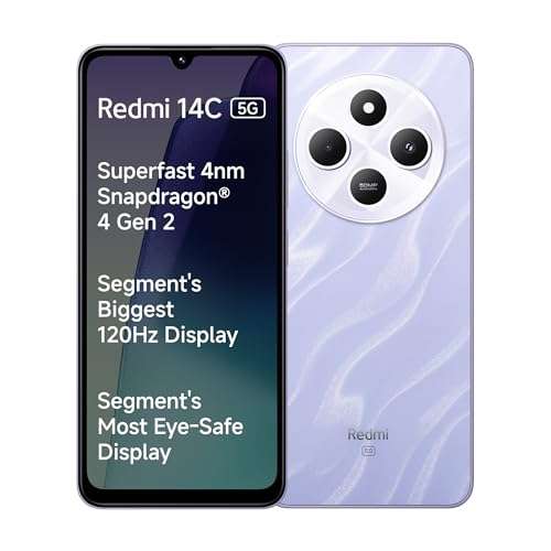 Redmi 14C 5G (Stardust Purple, 6GB RAM, 128GB Storage) | Superfast 4nm Snapdragon 4 Gen 2 | 120Hz 17.47cm (6.88”) Display | 5160mAh Battery | 50MP Dual Camera | Premium Starlight Design 1