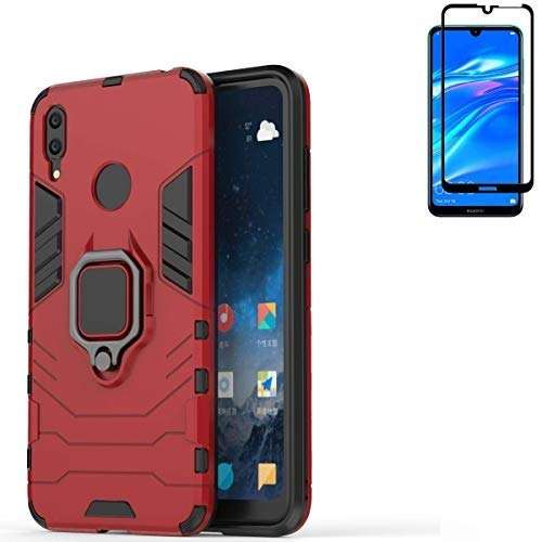 for Huawei Y7 2019 Case,Hybrid Heavy Duty Shockproof Armor Dual Layer Protection Defender Back Case Cover for Huawei Y7 2019 Tempered Glass Screen Protector (Black) (Red) 1